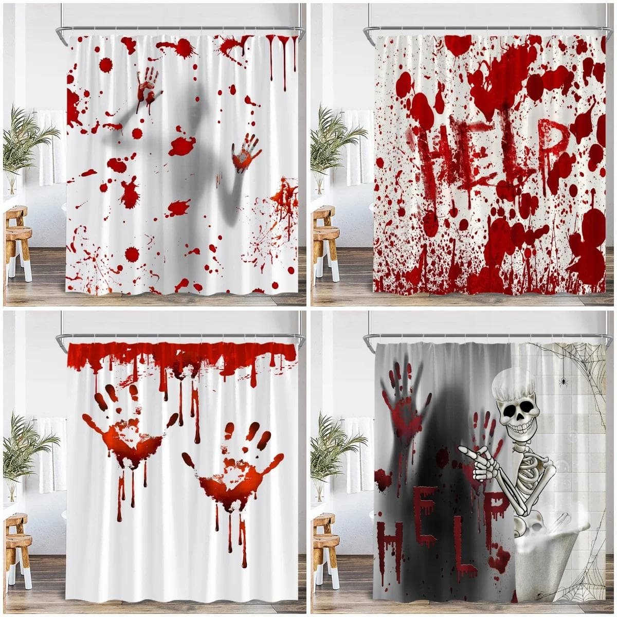 Empreintes de mains ensanglantées Halloween gouttes de sang aide-moi rideau de douche horreur décoration de salle de bain rideau de douche