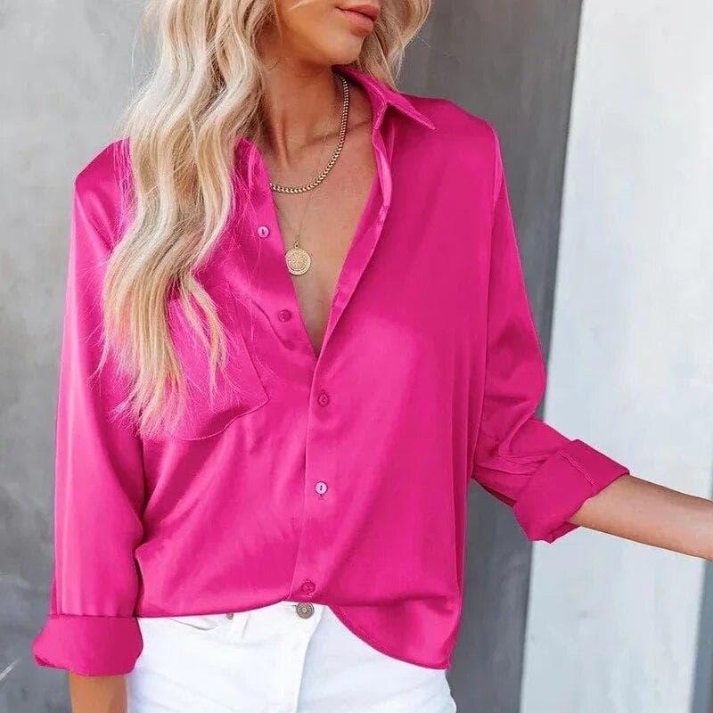Élégant solide Satin boutonné chemise femmes à manches longues col rabattu Blouses femmes élégant décontracté bureau dame soie hauts 30481 cm