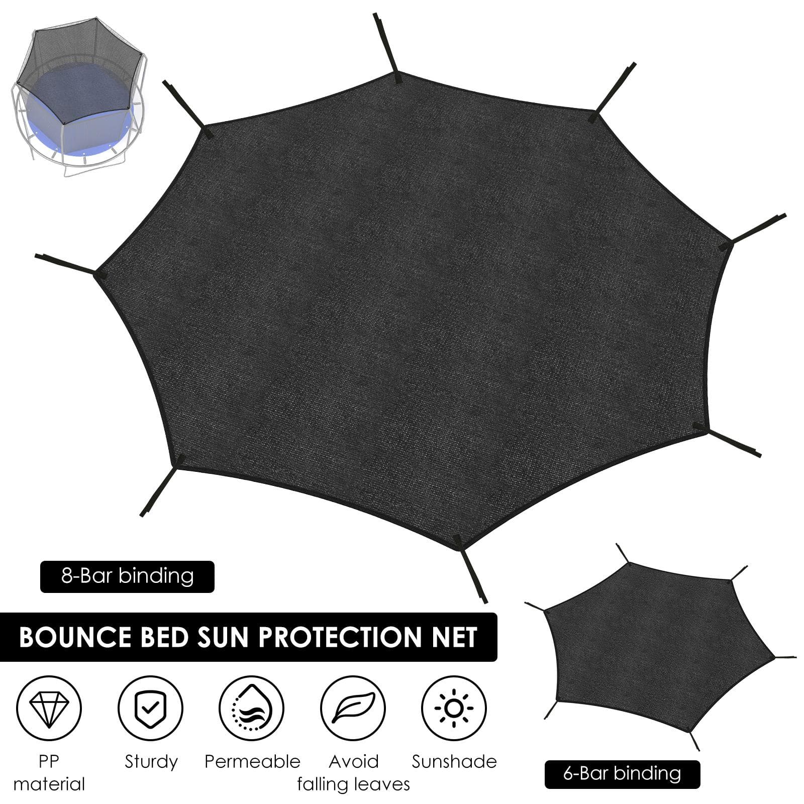 Couverture Pare-soleil pour Trampoline Ronde en Maille Pare-soleil Canopy Filet Protection Trampoline Tremplin Couverture de Canopy 6/8 Poteaux