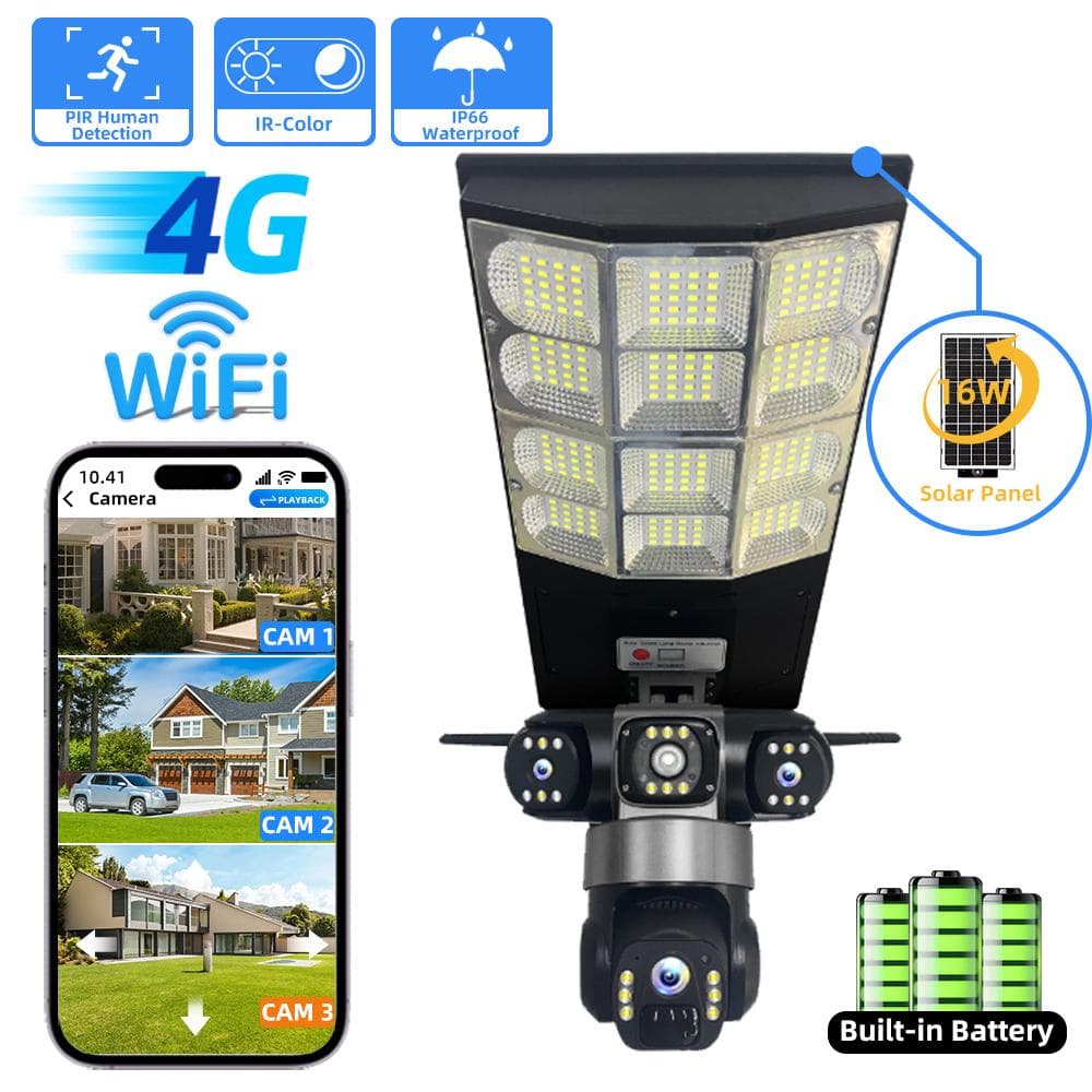 Lumière Solaire & Caméra 2-en-1, Lampadaire Multifonction & Surveillance Triple Objectif, Enregistreur LED avec Capteur de Mouvement Humain noir
