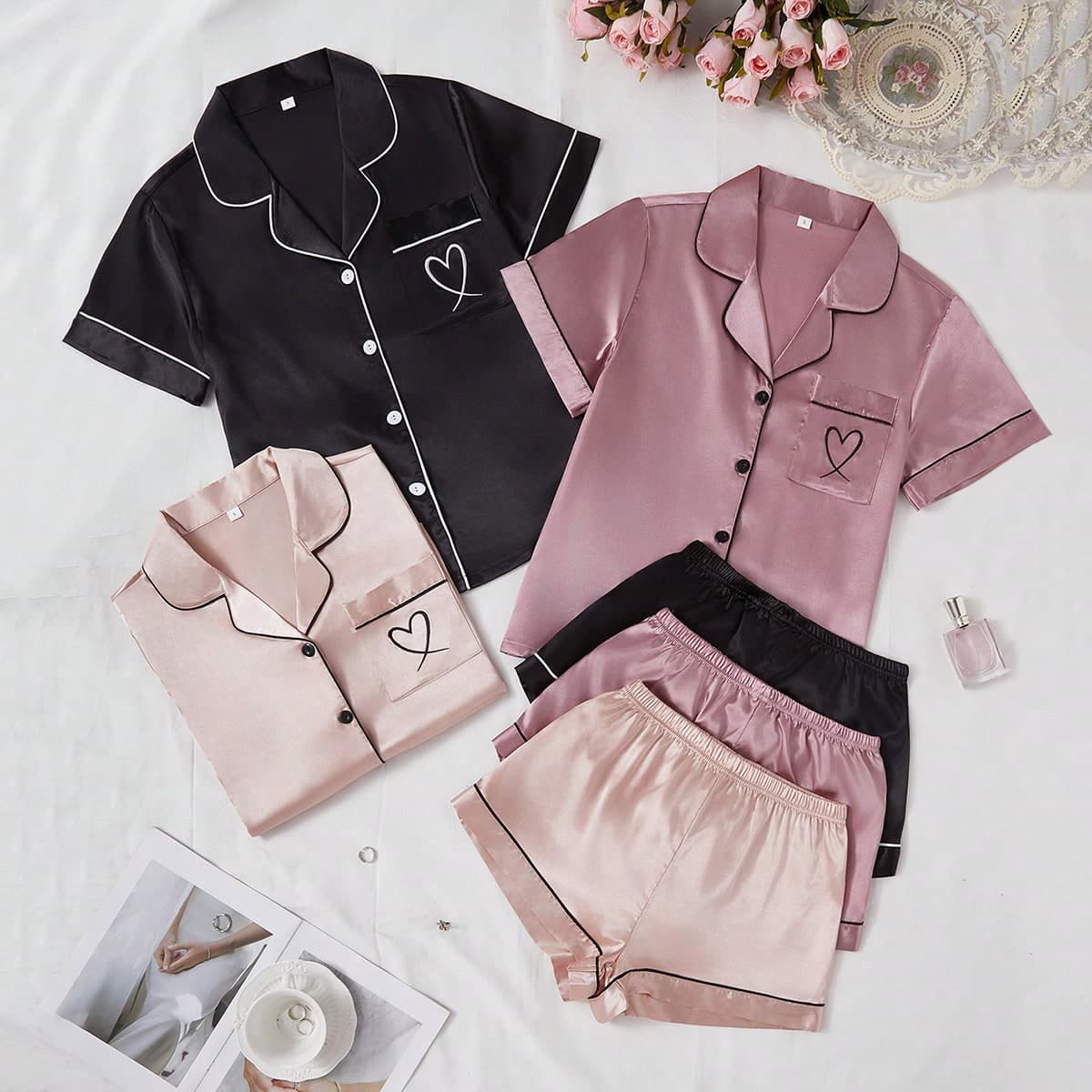 3 pièces Ensemble short à manches courtes avec poches brodées en forme de cœur en faux soie