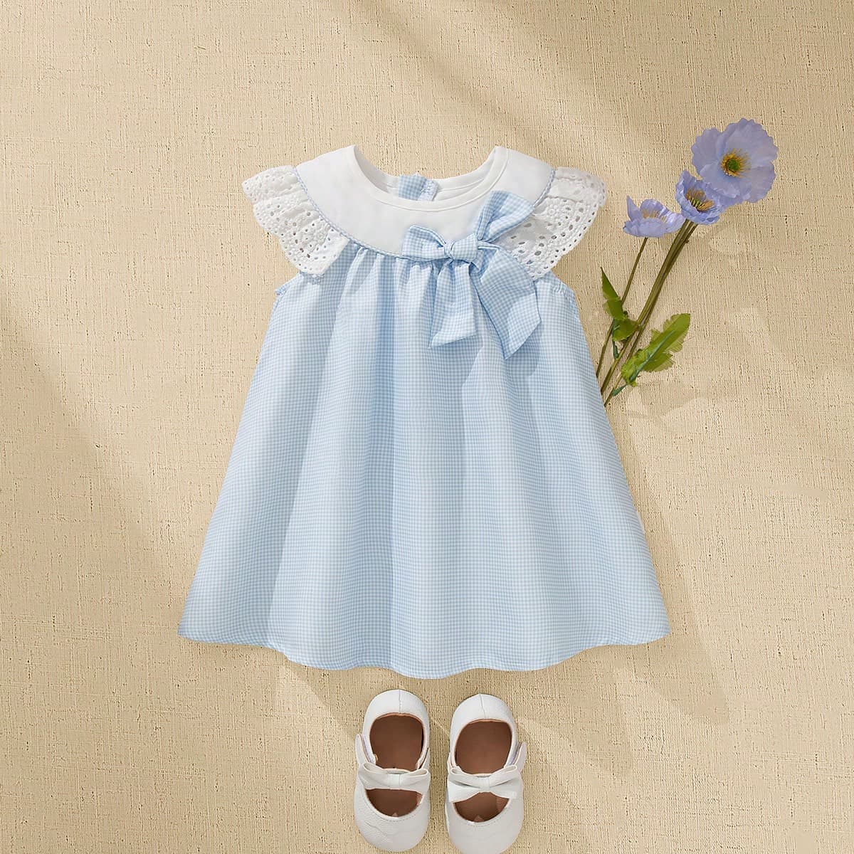 Robe d'été douce sans manches avec volants pour bébé fille, à carreaux bleus et blancs