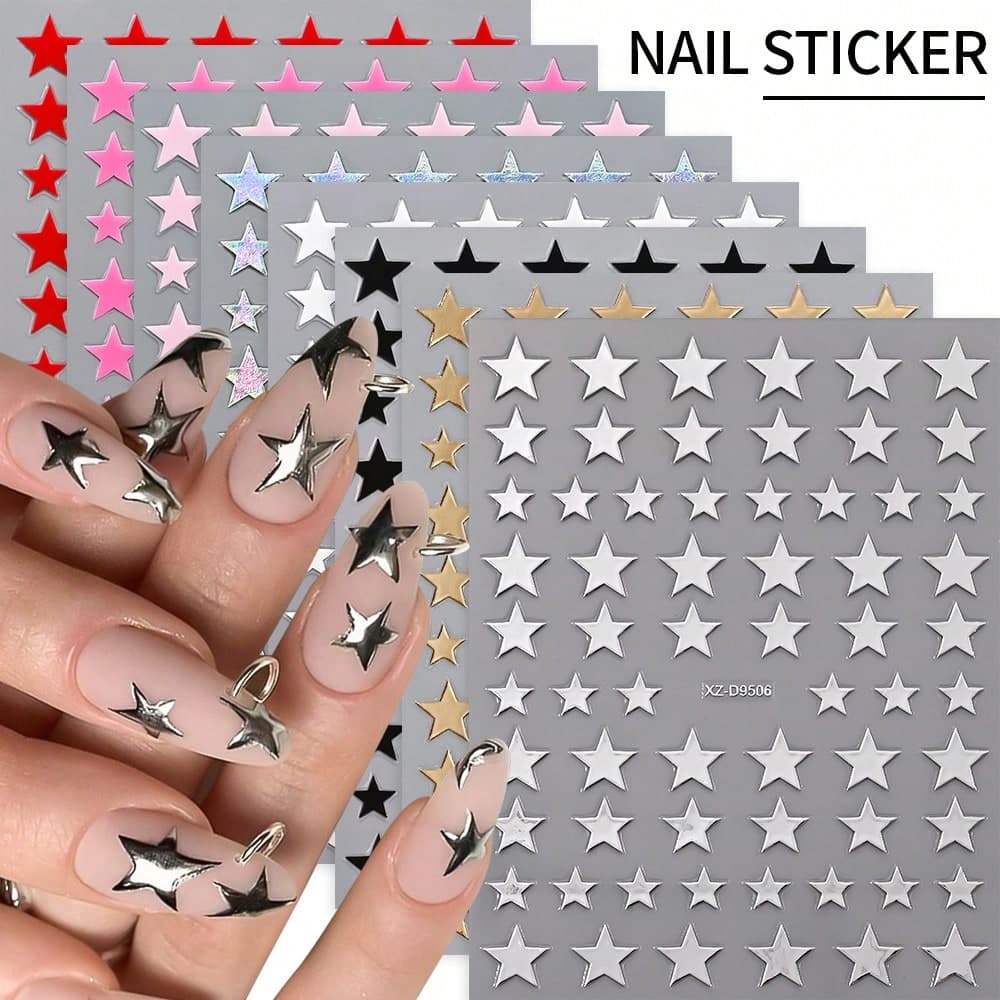 8 pièces Autocollants d'ongles en métal or et argent, 8 tailles différentes d'autocollants d'art d'ongles en 3D autoadhésifs, convient pour la