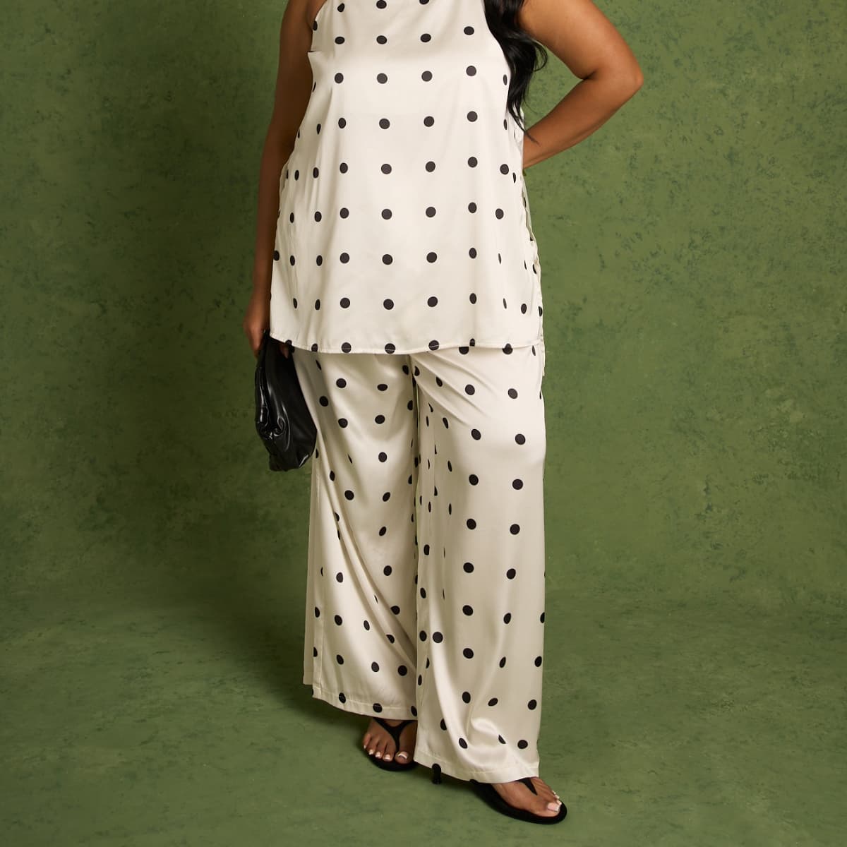 Pantalon large à pois en satin décontracté grande taille, top assorti disponible, confortable et rafraîchissant, taille élastiquée, à la mode