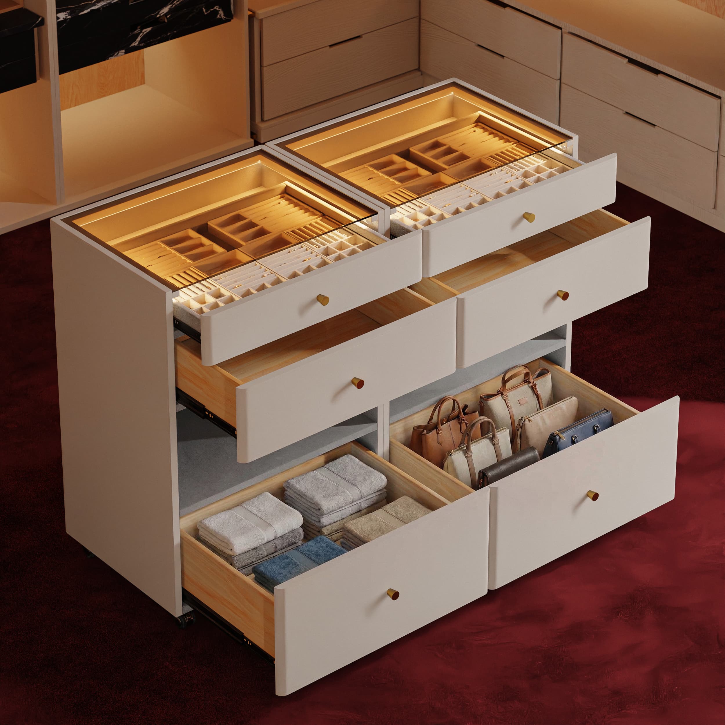 Îlot de dressing Selvo avec commode à bijoux, plateau en verre et éclairage, lot de 2