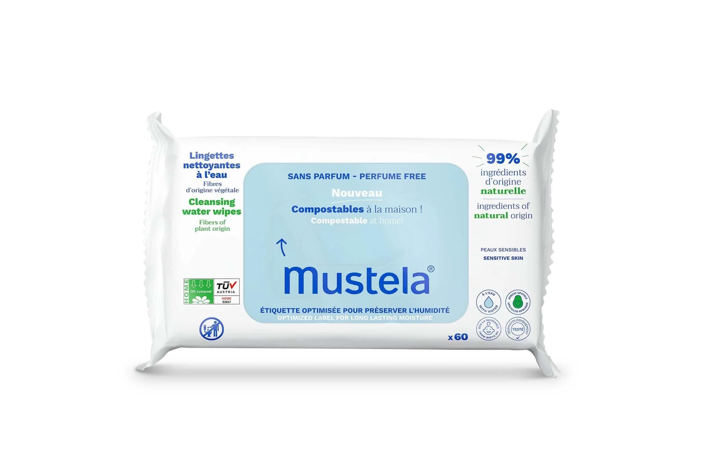 Mustela, Lingettes nettoyantes compostables à l'eau, dès la naissance, 60 pièces