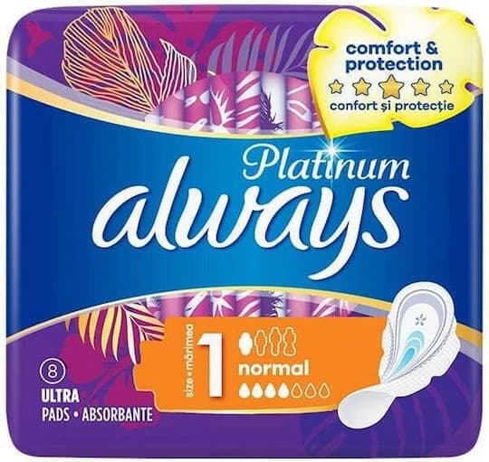 ALWAYS Platinum Comfort & Protection Ultra Normal Plus Pads with Wings for Normal Flow Size 1, 8 pieces