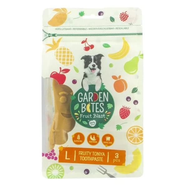 Garden Bites Fruit Blast, Fruity Tonya Toothpaste, friandises dentaires végétariennes pour chiens, L, 13.5 cm x 3 pcs