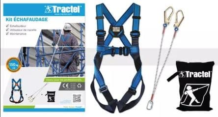 Tractel Kit antichute Longe double LDF de 1,5 m avec connecteurs, Sac de transport, Le kit comprend un harnais de