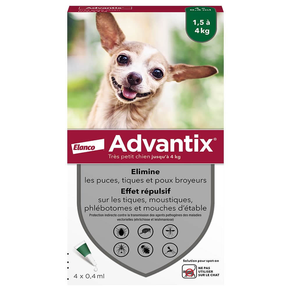 4 pipettes très petit chien Advantix® jusqu'à 4kg - Antiparasitaire pour chien