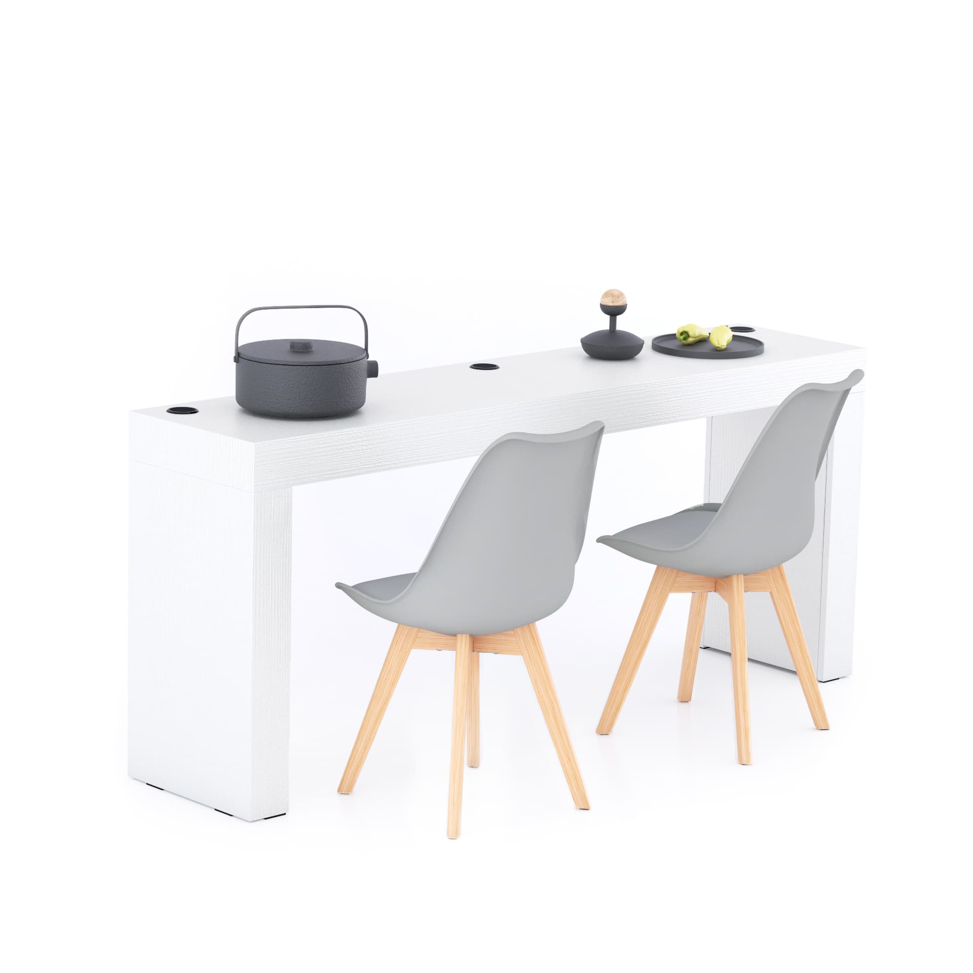 Table à manger Evolution 180x40, Frêne Blanc avec 2 pieds et Chargeur Sans Fil