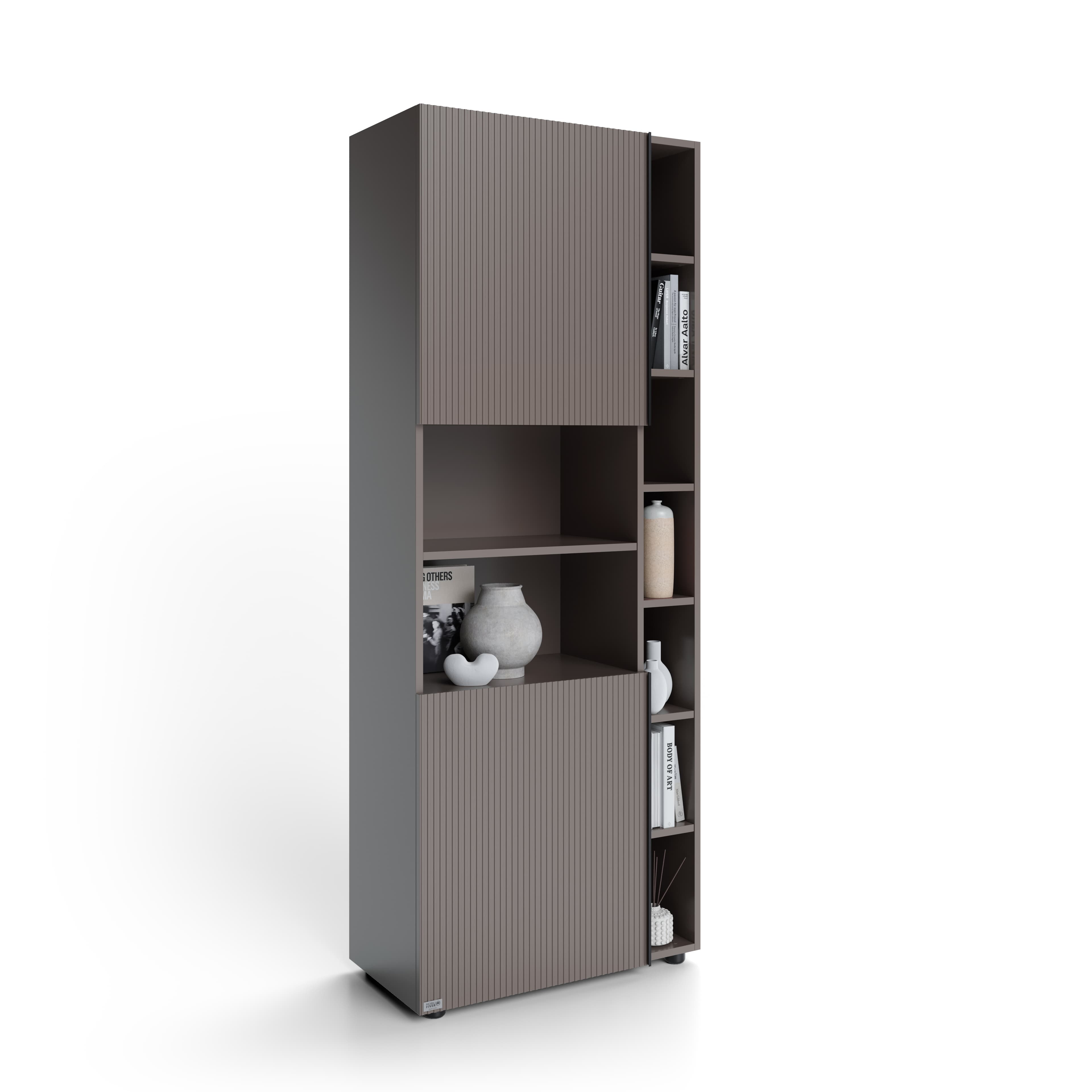 Bibliothèque Modulaire Romina avec porte cannelée (76,8 x 173,6 cm), Gris Bleuté