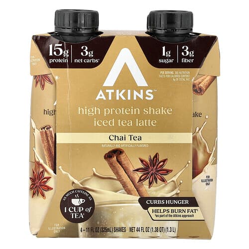 Atkins, Thé latte glacé, Boisson protéinée, Thé chai, 4 shakes, 325 ml pièce