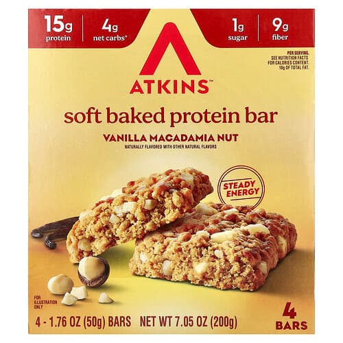 Atkins, Barre protéinée au four, Vanille et noix de macadamia, 4 barres, 50 g pièce