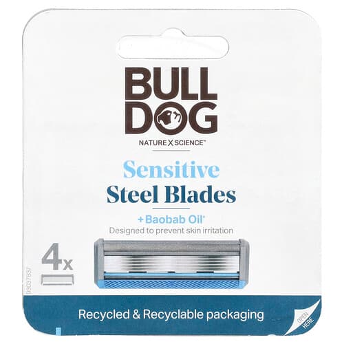 Bulldog Skincare For Men, Lames de rasage en acier sensibles + Huile de baobab, 4 capsules