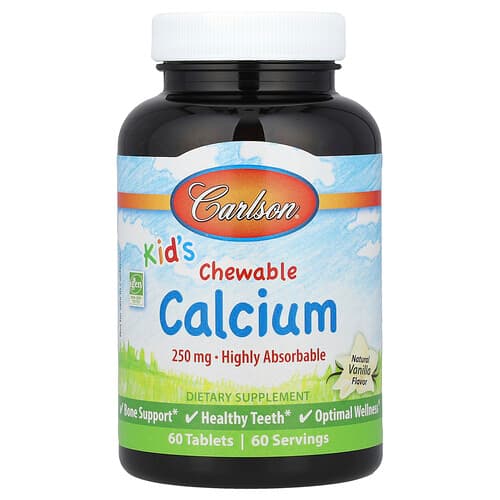 Carlson, Calcium à croquer pour enfants, vanille naturelle, 250 mg, 60 comprimés