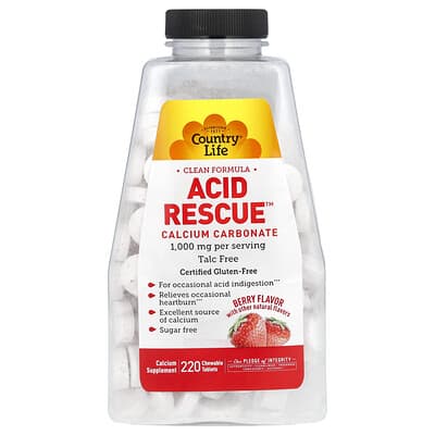 Country Life, Acid Rescue, Carbonate de calcium, Baies, 220 comprimés à croquer