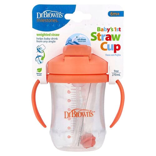 Dr. Brown's, 1er gobelet avec paille pour bébé, 6 mois et plus, Corail, 270 ml