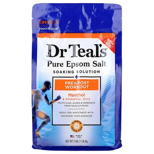 Dr. Teal's, Solution de trempage au sel d'Epsom pur, Avant et après l'entraînement, Menthol et huiles essentielles, 1,36 kg