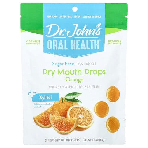 Dr. John's Healthy Sweets, Oral Health™, Gouttes pour la sécheresse buccale, + Xylitol, Orange, 24 bonbons emballés individuellement. 109 g
