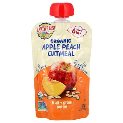 Earth's Best, Purée de fruits et de céréales biologiques, 6 mois et plus, Avoine à la pomme et à la pêche, 99 g