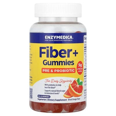 Enzymedica, Gommes Fiber+, Prébiotiques et probiotiques, Orange sanguine, 90 gommes