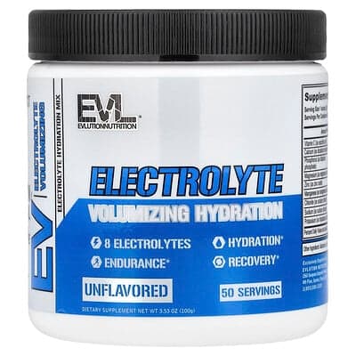 EVLution Nutrition, Électrolyte, Hydratation volumatrice, Sans arôme, 100 g