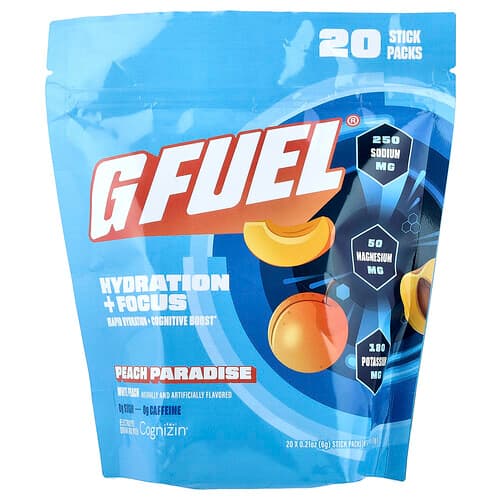 G FUEL, Hydratation + Concentration, Mélange à boire enrichi en électrolytes avec Cognizin®, Pêche, 20 sachets en stick, 6 g chacun