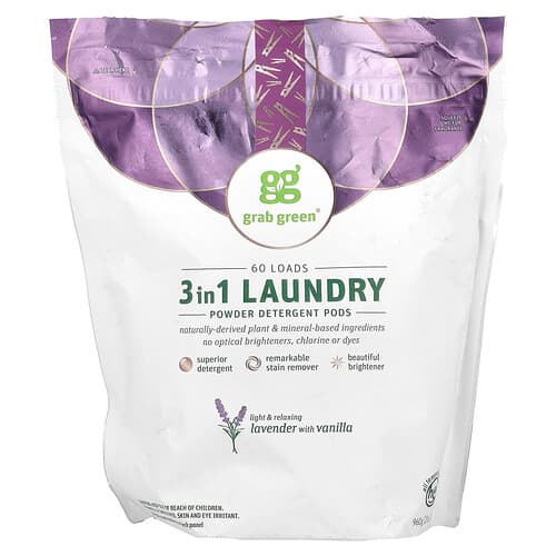 Grab Green, Capsules de Lessive Détergente 3-en-1, Lavande, 60 Charges, 2 lbs 6 oz (1080 g)