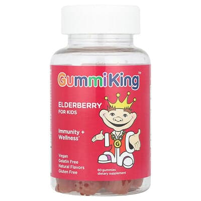 GummiKing, Baie de sureau pour enfants, Immunité + Bien-être, Citron et framboise, 60 gommes