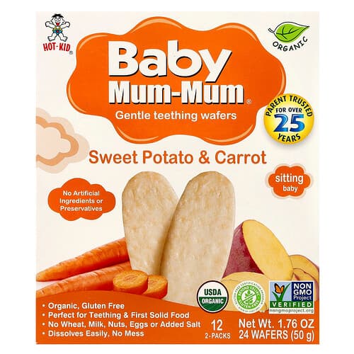 Hot Kid, Baby Mum-Mum®, Gaufrettes douces pour la dentition, Patate douce et carotte, 12 sachets, 2 gaufrettes par sachet