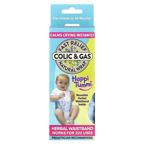 Happi Tummi, Wrap de colique et de gaz naturel pour le soulagement rapide des coliques et des gaz, Nourrissons jusqu'à 36 mois, Bleu, 1 wrap et 1