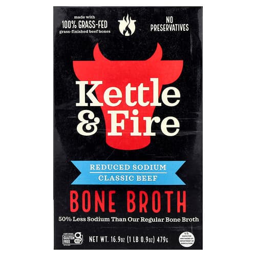 Kettle & Fire, Bone Broth, Bœuf classique, Saveur réduite en sodium, 479 g