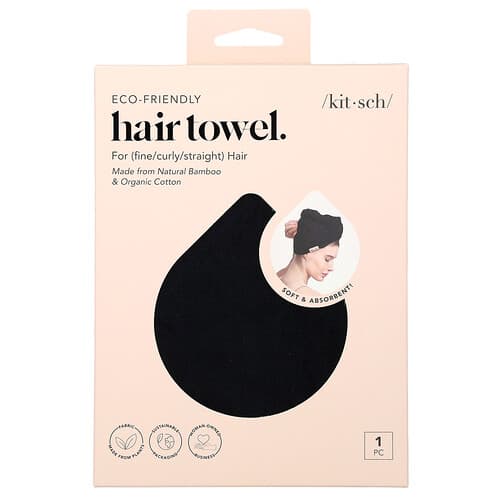 Kitsch, Serviette pour cheveux écologique, Noir, 1 pièce