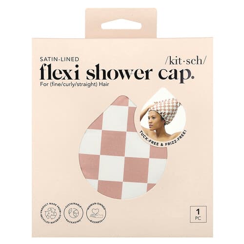 Kitsch, Bonnet de douche Flexi doublé de satin, Damier terre cuite, 1 pièce