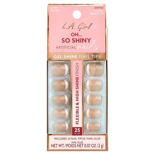 L.A. Girl, Oh So Shiny, Ongles artificiels, Bouts pour ongles gel brillants, GNT154, Embout français chic, Kit de 25 pièces