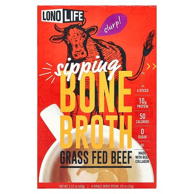 Lonolife, Bouillon d'os à déguster, Bœuf nourri à l'herbe, 4 sachets en stick, 15 g pièce
