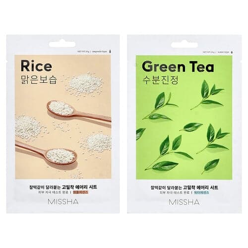 Missha, Beauty, Masque en tissu Airy Fit, Riz et thé vert, 10 masques en tissu, 19 g chacun