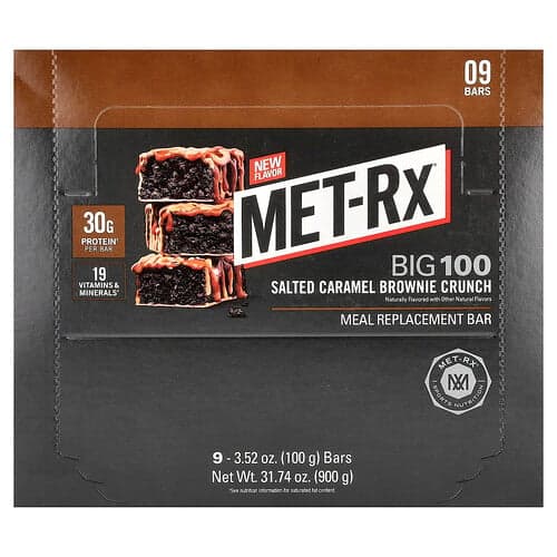 MET-Rx, Big 100, Substitut de repas, Brownie au caramel salé, 9 barres, 100 g chacune