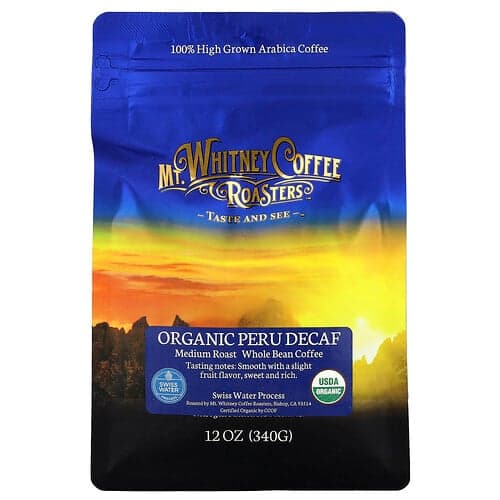 Mt. Whitney Coffee Roasters, Décaféiné du Pérou biologique, Haricots entiers à torréfaction moyenne, 340 g