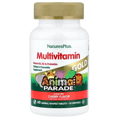 NaturesPlus, Animal Parade® Gold, Multivitamines à croquer pour enfants, Cerise, 60 comprimés en forme d'animaux