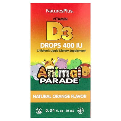 NaturesPlus, Animal Parade®, Gouttes de vitamine D3, Orange naturelle, 10 µg (400 UI), 10 ml