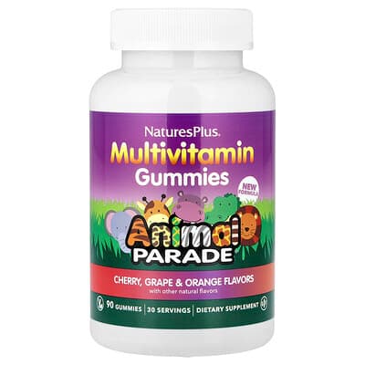 NaturesPlus, Animal Parade®, Gommes multivitaminées, Cerise, raisin et orange, 90 gommes