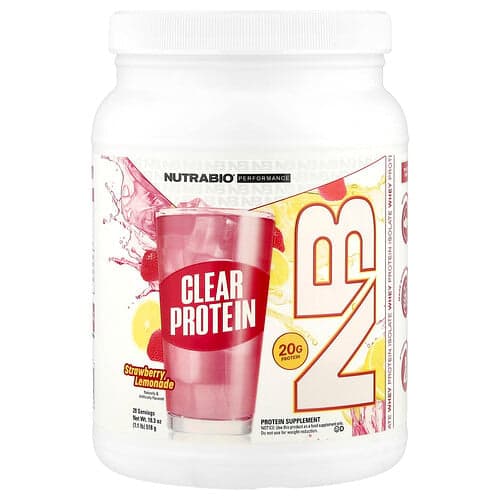 NutraBio, Poudre de protéines transparentes, Isolat de protéines de lactosérum, Limonade à la fraise, 518 g
