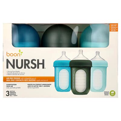 Boon, Nursh®, gourde en silicone, À partir de 3 mois, Moyen, 3 gourdes, 236 ml pièce