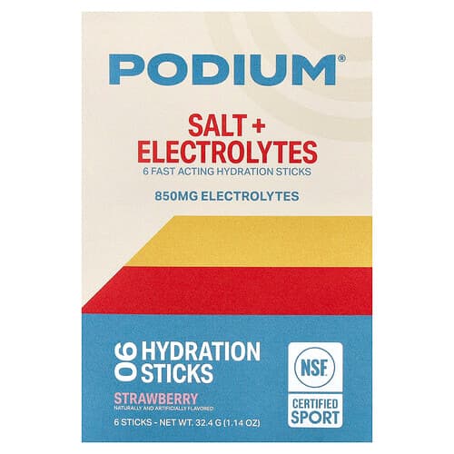 Podium Nutrition, Sel + électrolytes, Bâtonnets d'hydratation, Fraise, 6 bâtonnets, 5,4 g pièce