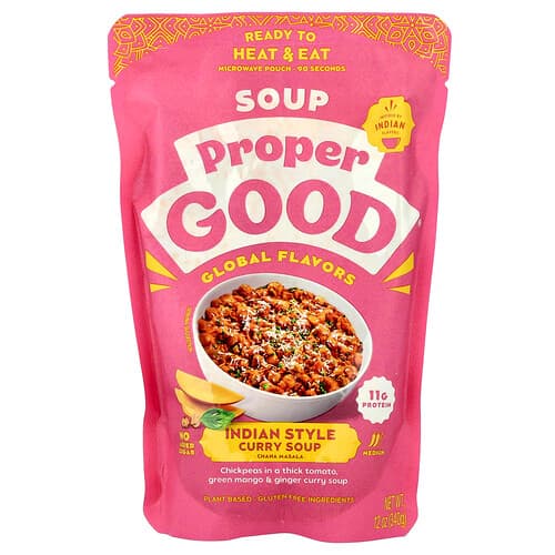 Proper Good, Ready To Heat & Eat, Soupe au curry à l'indienne, Chana Masala, Moyen, 340 g