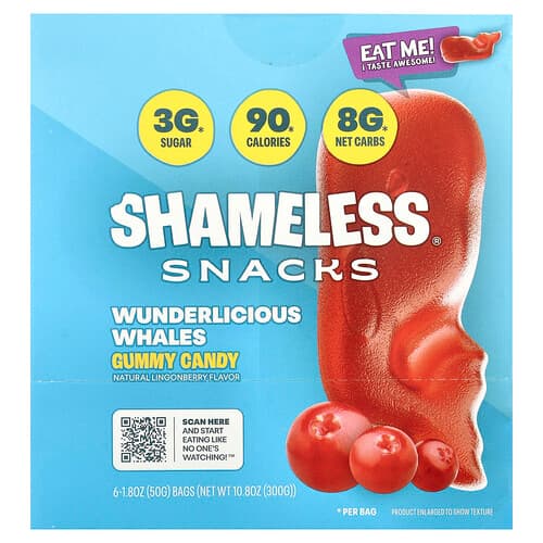 Shameless Snacks, Bonbons gélifiés, Baleines Wunderlicious, 6 sacs, 50 g chacun