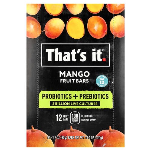That's It, Barres de fruits Probiotiques + Prébiotiques, Mangue, 12 barres, 35 g pièce