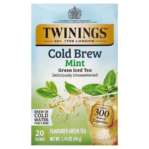 Twinings, Thé glacé infusé à froid, Thé vert et menthe, Sans sucre, 20 sachets de thé, 40 g